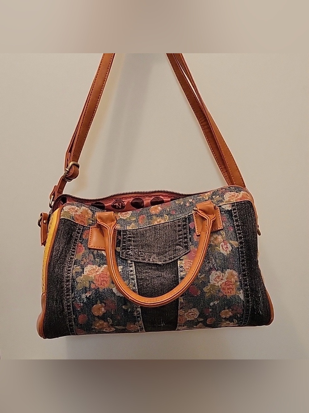 Nicole Lee Floral Denim Satchel with Tan Trim